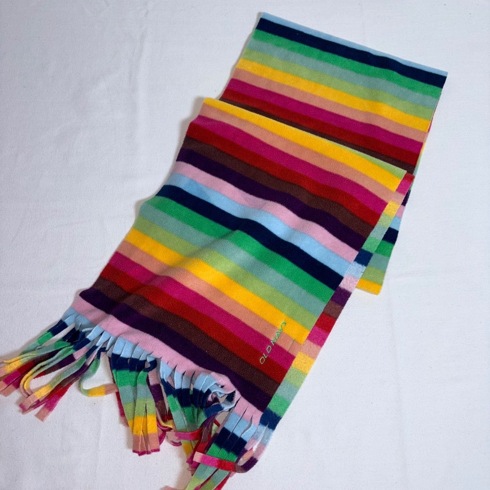 Old Navy Fleece Scarf One Size Multicolor Excellent Striped Fringe Rainbow